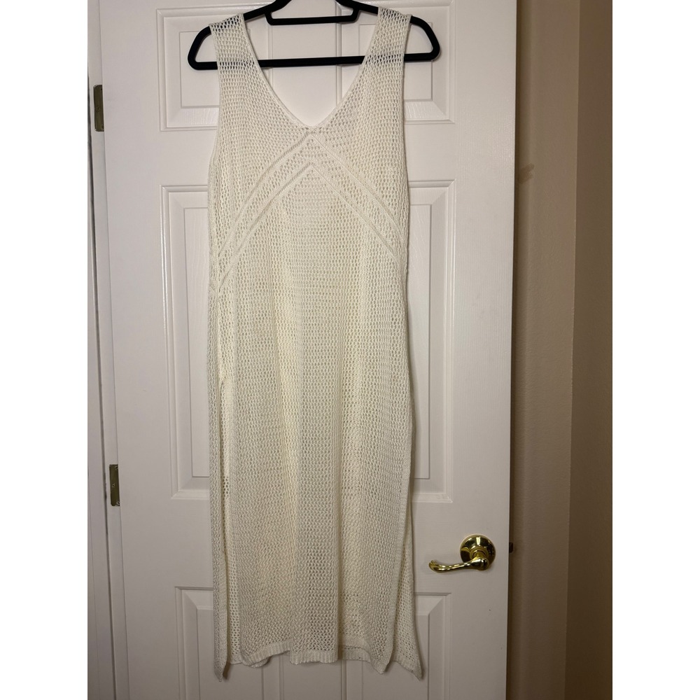 White Crochet Knit Sleeveless V-Neck Midi Dress Side Slits Boho Beach Coverup
